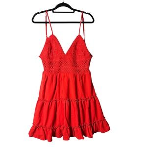 Women Dress XL Red Tiered Ruffle Mini Sun Dress Tie Back Sleeveless Lined Summer